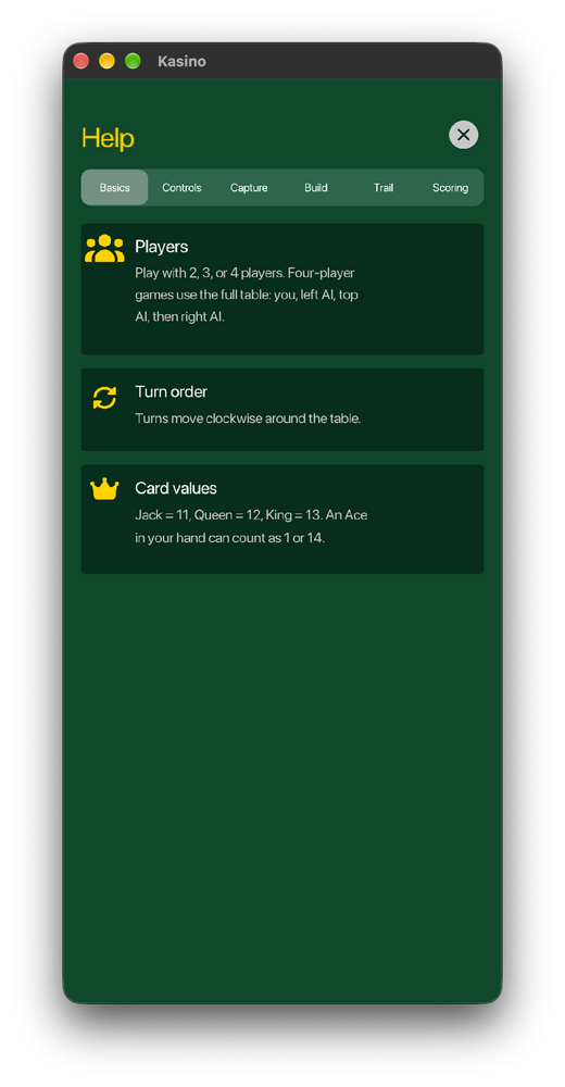 Kasino’s help screen explaining players, turn order, and card values